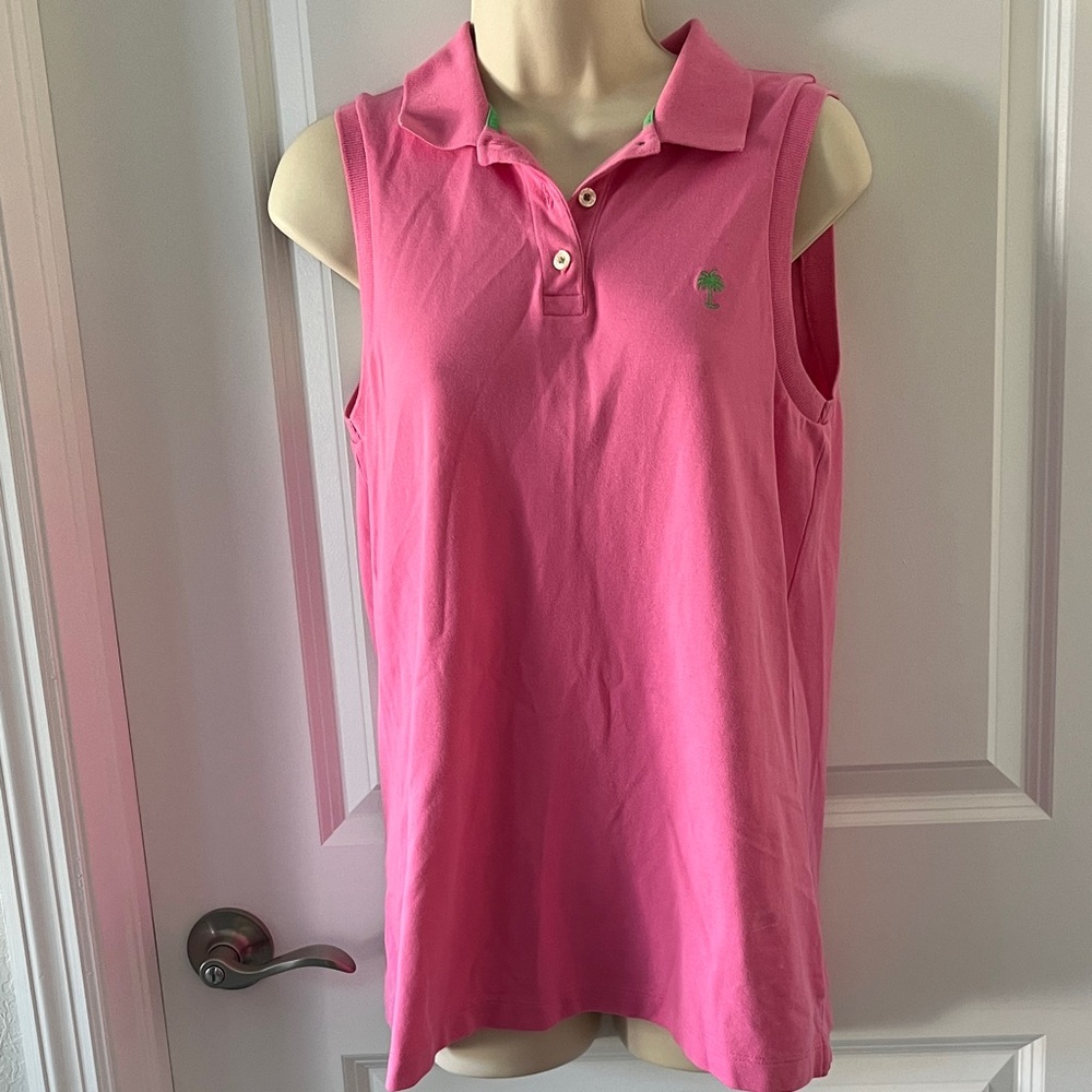 Lilly Pulitzer Hot Pink Sleeveless Island  Polo Tank with Green Palm Embroidery